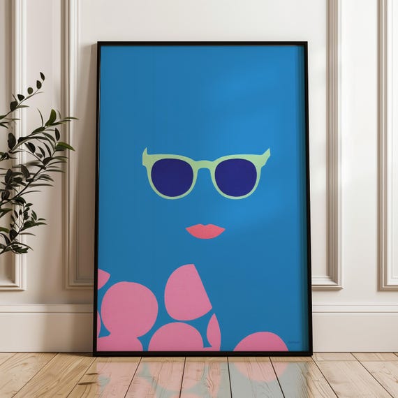 Minimal Woman Art Print Modern Pop Poster Blue And Pink Wall Decor Playful Home