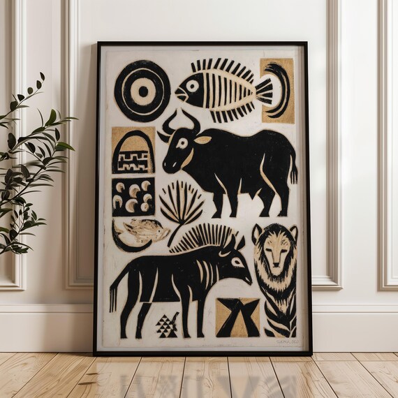 Black And Gold Wild Safari Animal Tribal Folk Art Collage Poster