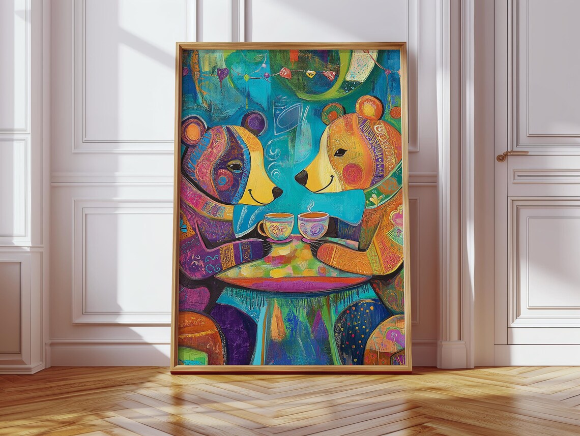 Bears Sharing A Coffee, Funny Animal Art Print