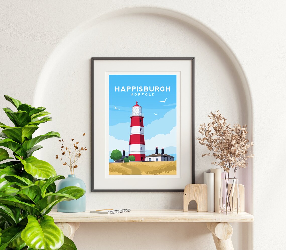 Happisburgh Norfolk Red and White Lighthouse Coastal Travel Poster - Image 2