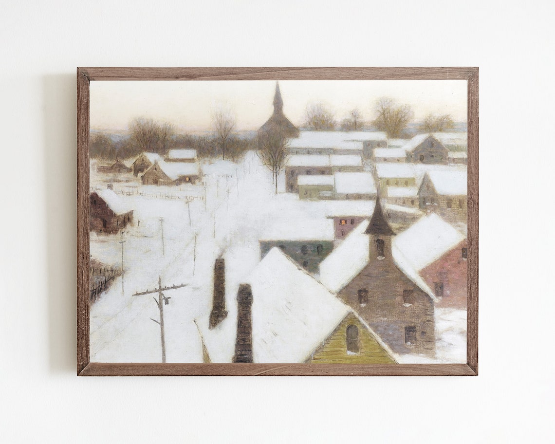 Christmas Village Painting Holiday Town Art Vintage Christmas Prints Holiday Village Wall Art Country Winter Landscape Art Print