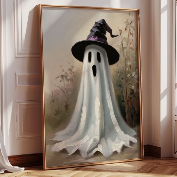 Vintage Ghost Wearing A Witch Hat Cute Painterly Halloween Poster