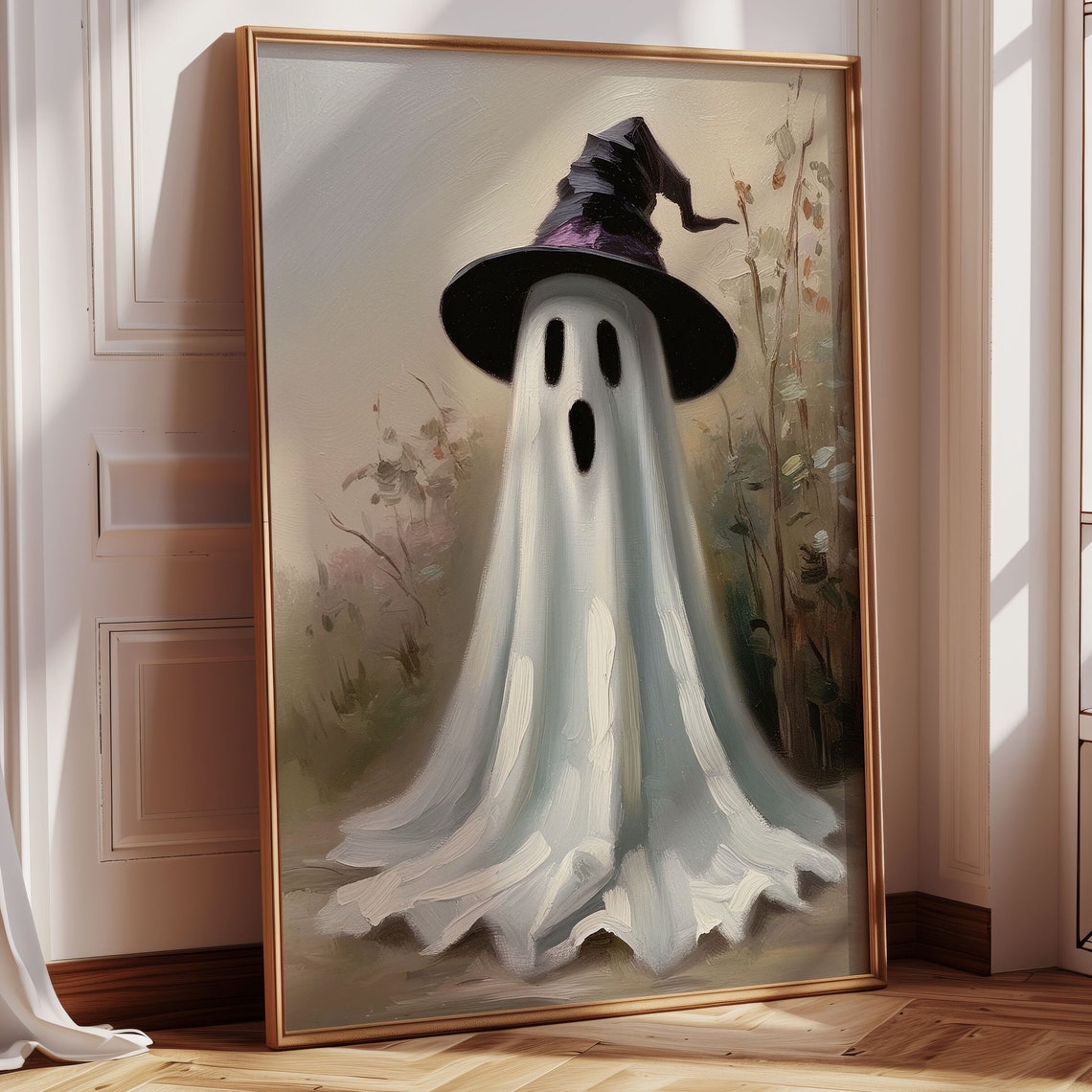 Vintage Ghost Wearing A Witch Hat Cute Painterly Halloween Poster