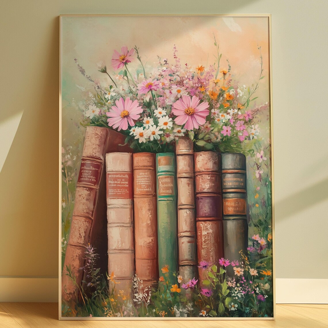 Vintage Books With Pink Wildflowers Floral Library Art Poster