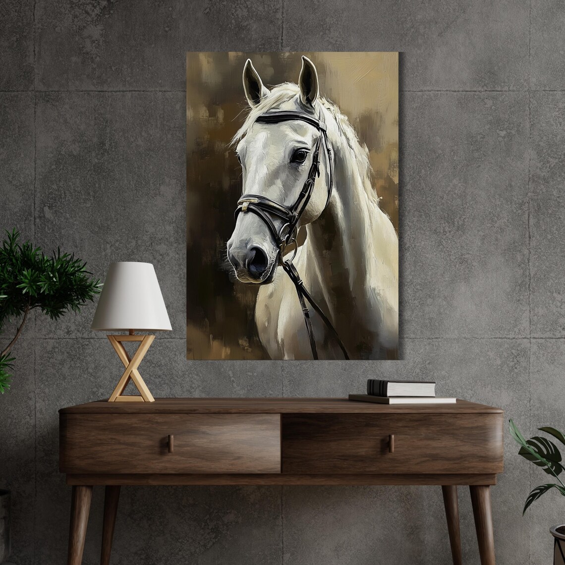 White Horse Portrait with Bridle Equestrian Oil Painting Poster - Image 2