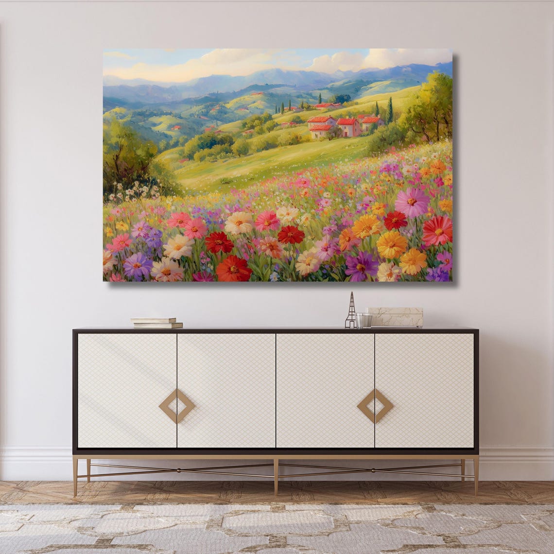 Tuscan Hillside Village Wildflower Meadow Oil Painting Poster - Image 5
