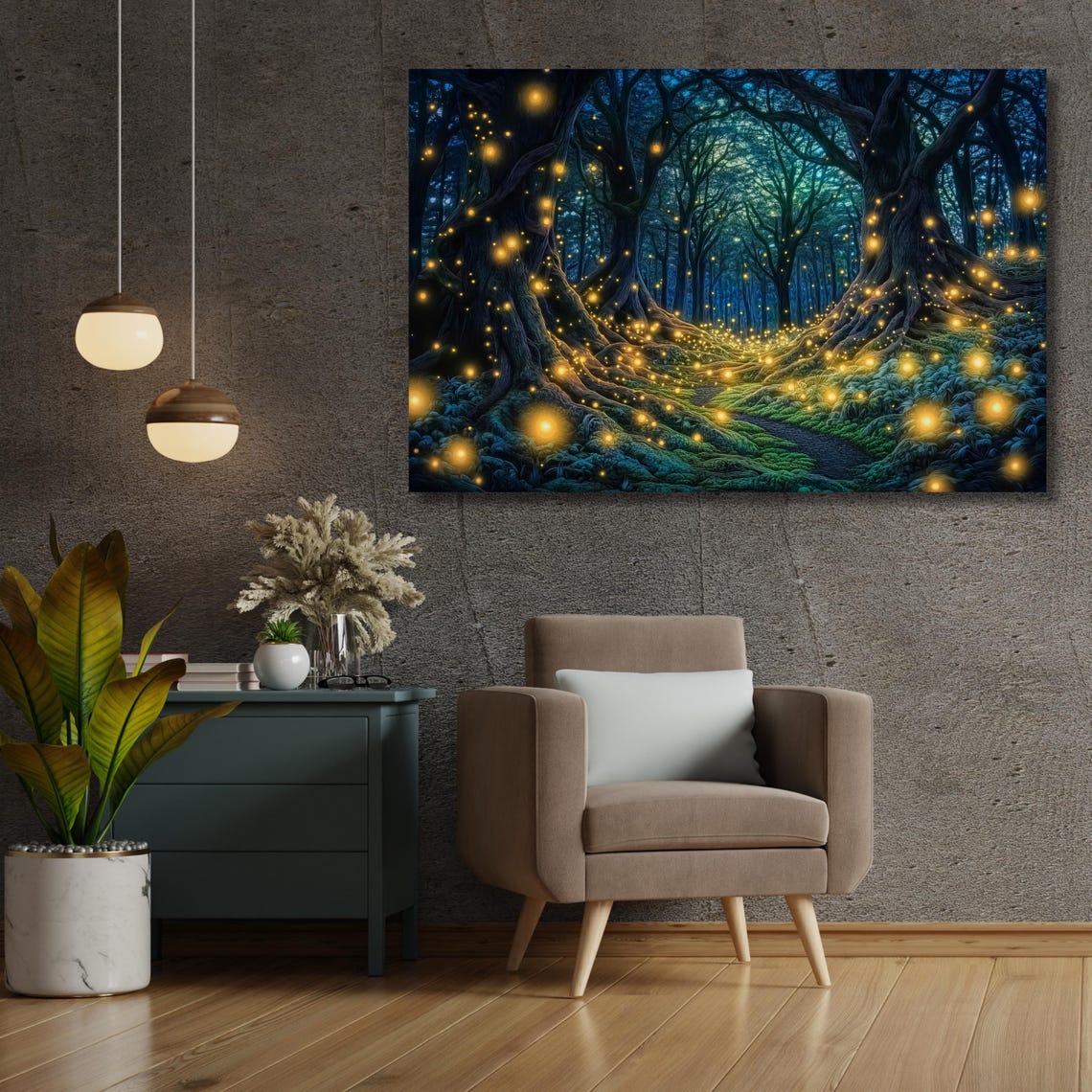 Enchanted Firefly Forest Path at Night Magical Woodland Wall Art - Image 3