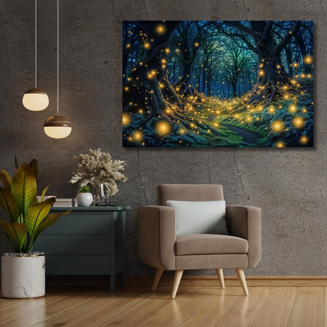Fireflies Forest Wall Art Magic Forest Painting Print Psychedelic Art Gift Electric Forest Forest Trail Decor Illumination Art - Image 3
