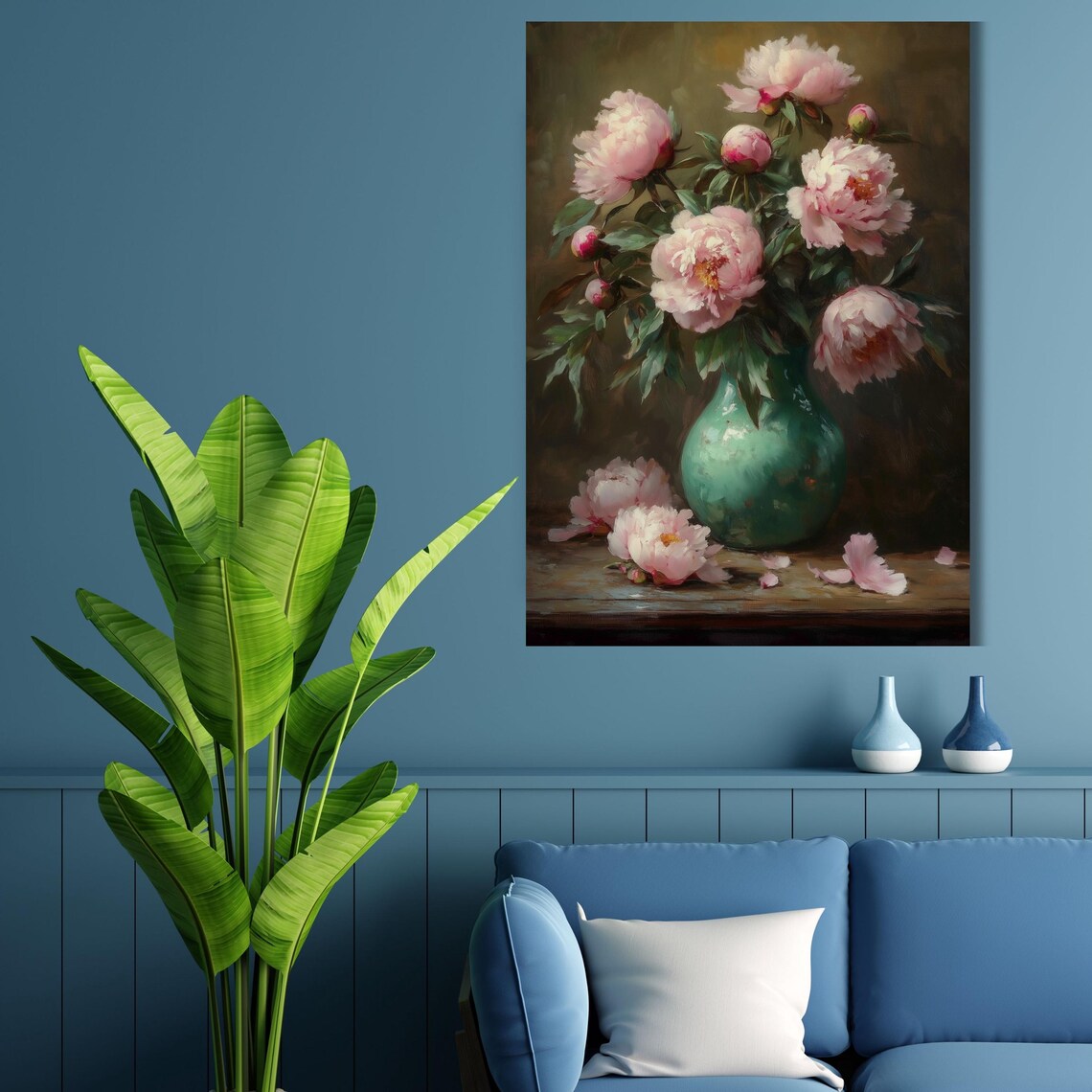Pink Peonies in Teal Vase Moody Floral Still Life Oil Painting Poster - Image 4