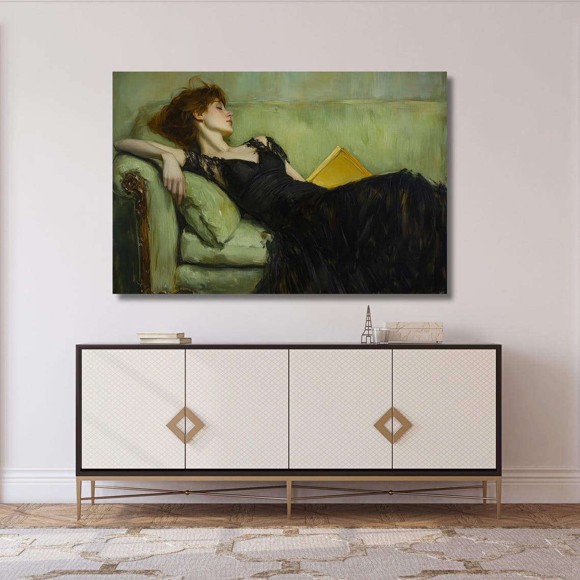 Woman Reclining with Book on Green Sofa Impressionist Poster - Image 5