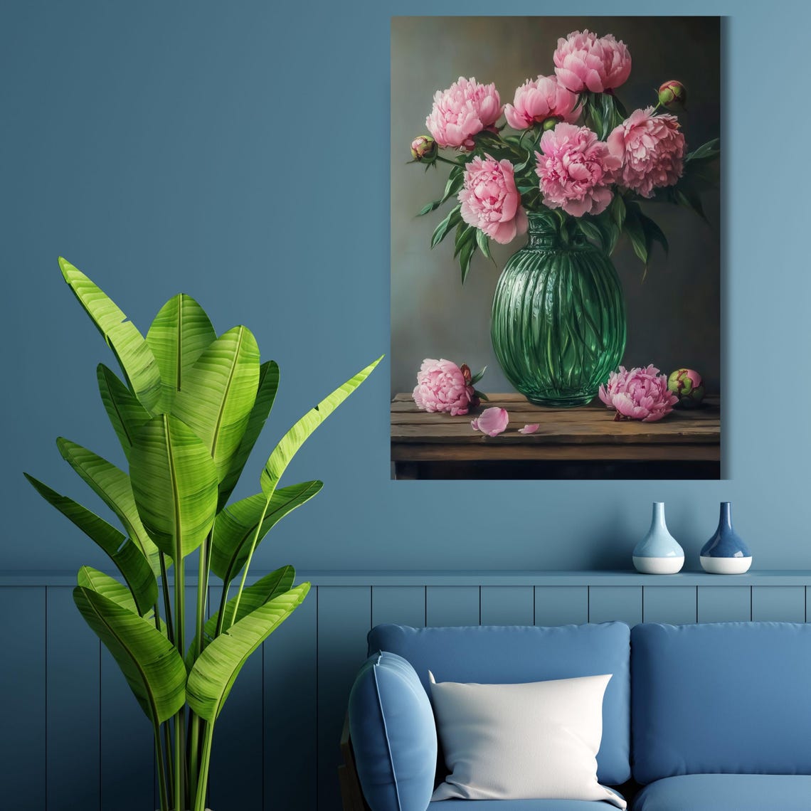 Pink Peonies in Green Ribbed Glass Vase Floral Still Life Poster - Image 5