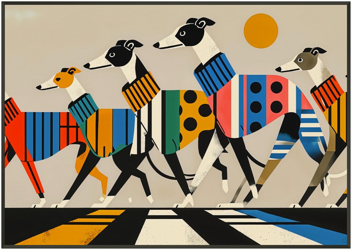 Greyhounds Crossing Bold Striped Road Geometric Dog Art Poster