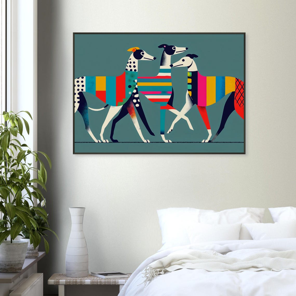 Three Greyhounds Strolling Polka Dot Stripes Playful Dog Art Poster - Image 4