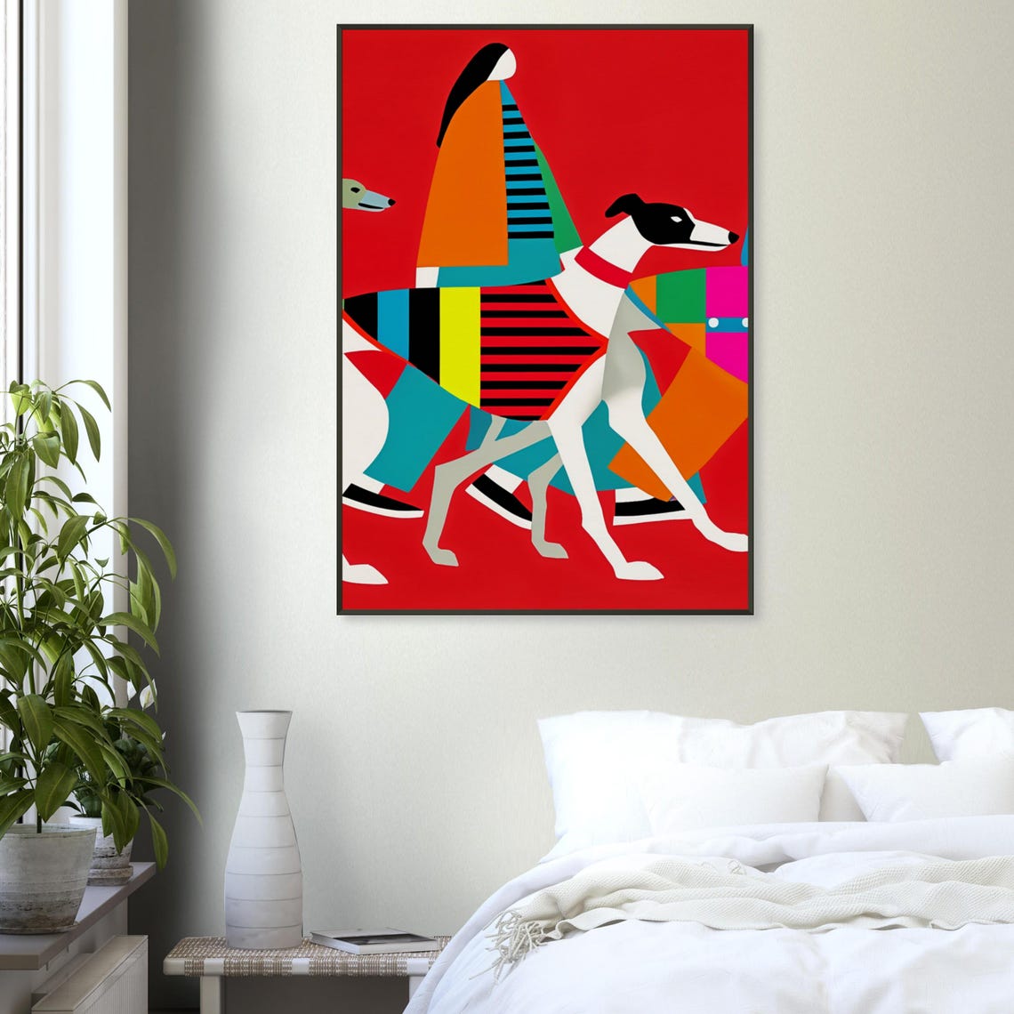 Two Women Walking Three Greyhounds Bold Red Modern Art Poster - Image 3