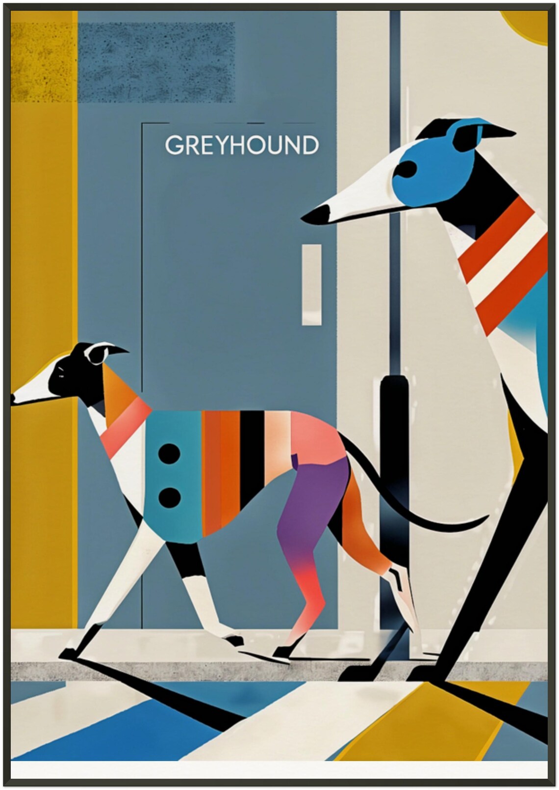 Greyhound Duo Retro City Scene Stylish Geometric Dog Walk Poster - Image 5