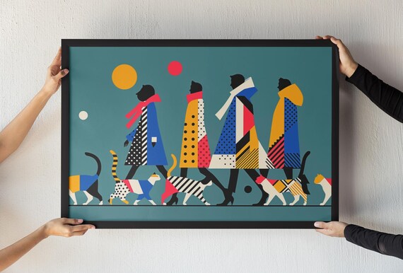 Cat Parade Walk People Colorful Coats Geometric Modern Art Poster