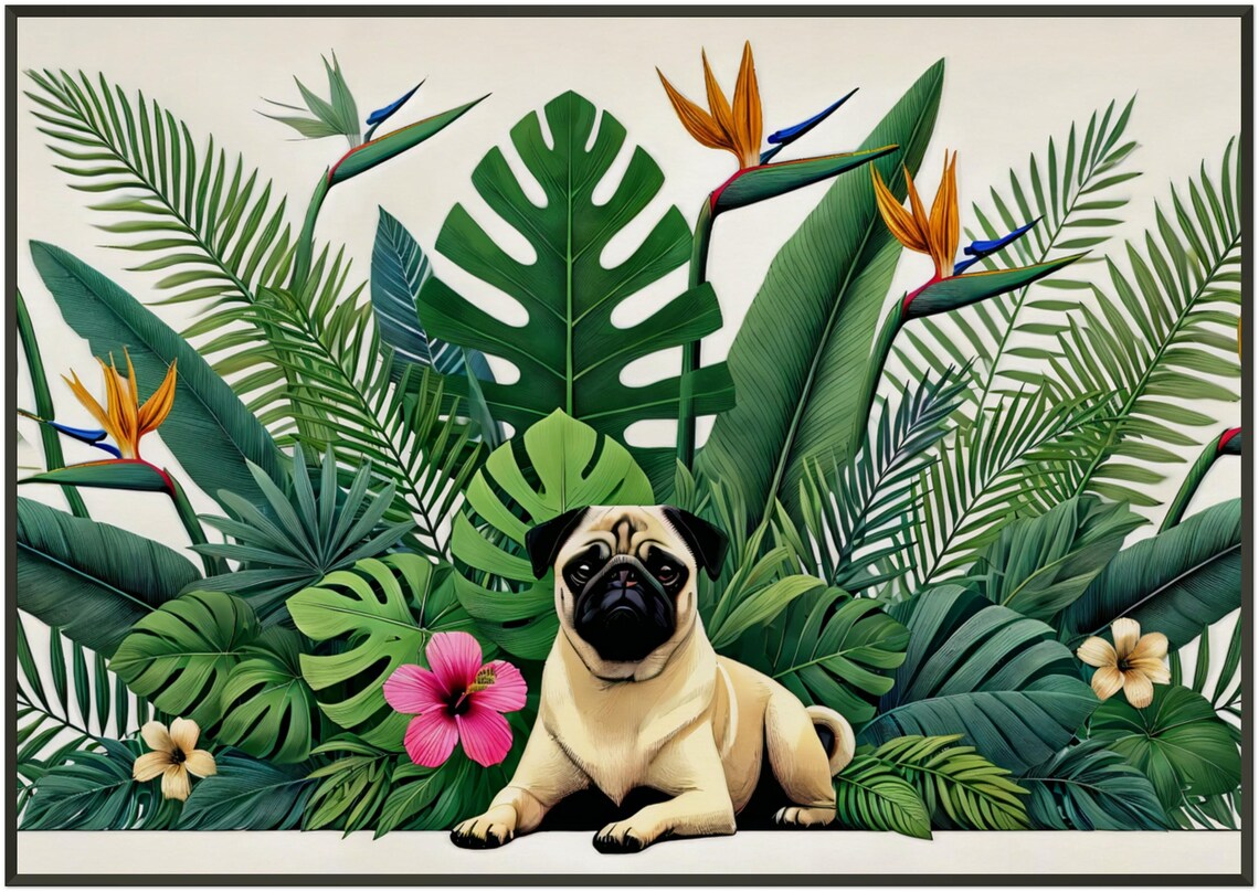 Cute Fawn Pug Tropical Botanical Garden Colorful Flower Poster