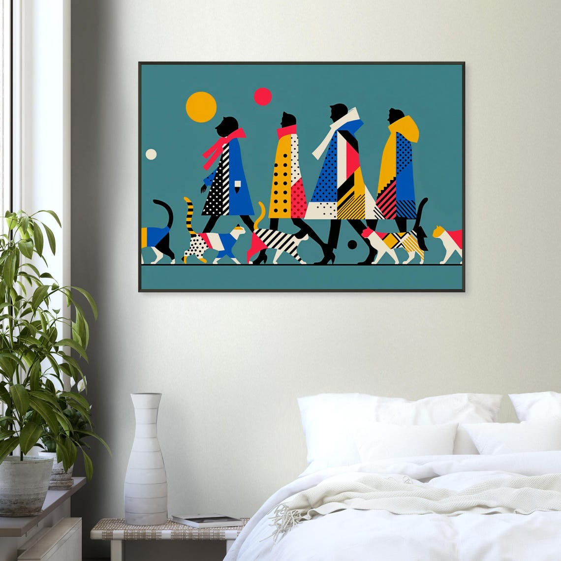 Cat Parade Walk People Colorful Coats Geometric Modern Art Poster - Image 3