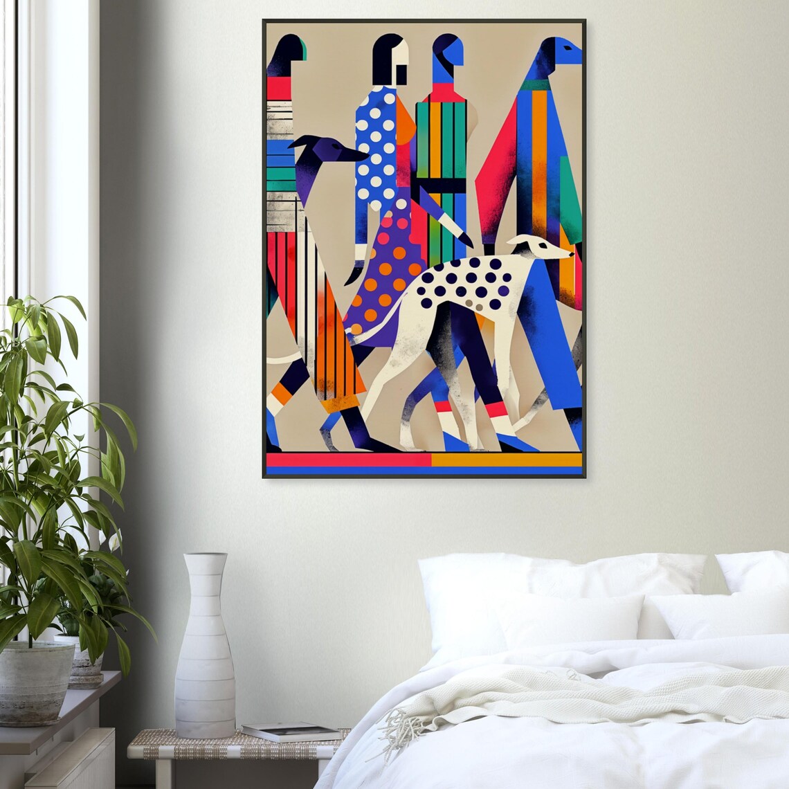 People and Greyhounds Colorful Street Parade Dog Lover Art Poster - Image 3