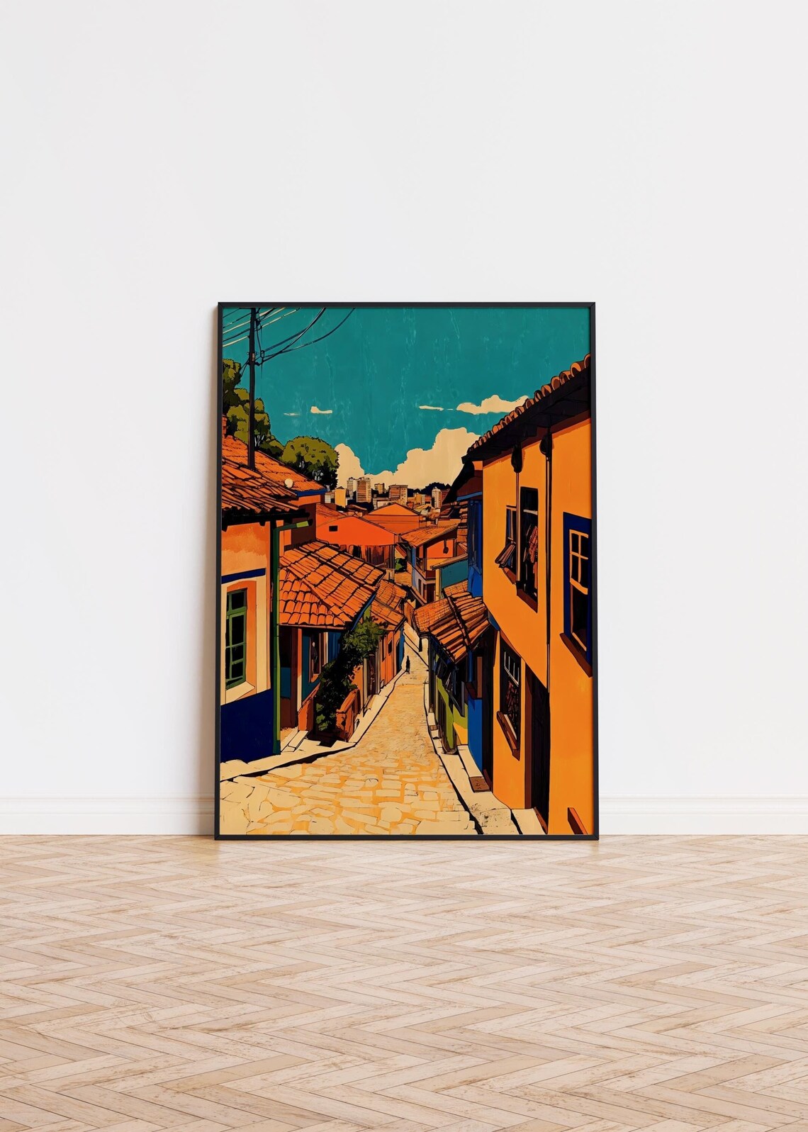 Colorful Cobblestone Street Old Town Buildings Retro Art Poster