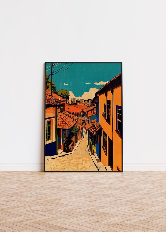 Colorful Cobblestone Street Old Town Buildings Retro Art Poster