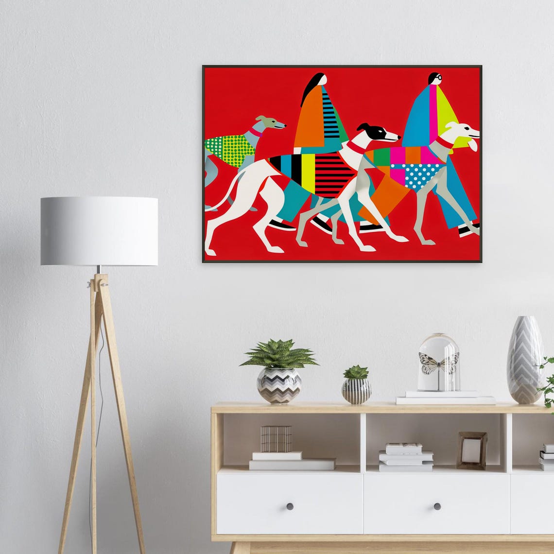 Two Women Walking Three Greyhounds Bold Red Modern Art Poster - Image 2