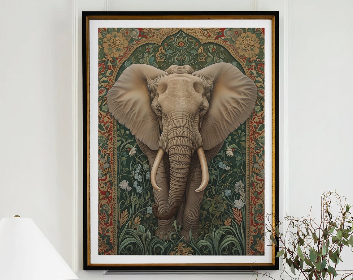 Elephant Botanical Arch Morris Style Vintage Wildlife Poster