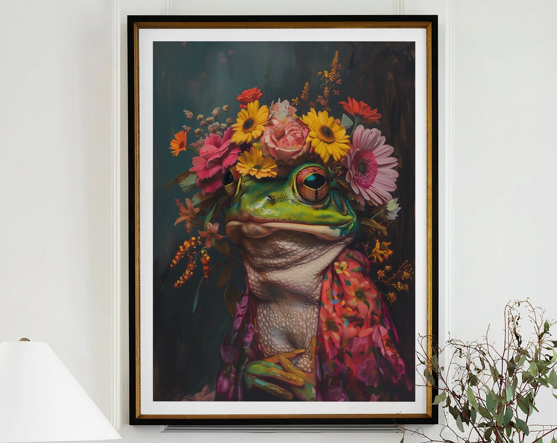 Frog Flower Crown Portrait Colorful Floral Cape Animal Wall Art