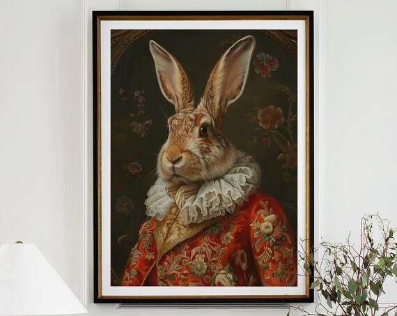 Noble Rabbit Renaissance Portrait Red Brocade Vintage Animal Poster