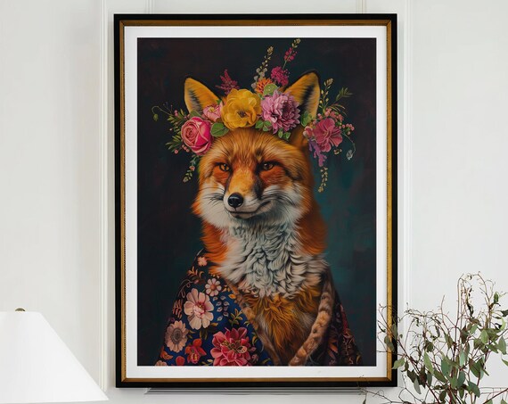 Red Fox Flower Crown Maximalist Floral Animal Portrait Wall Art