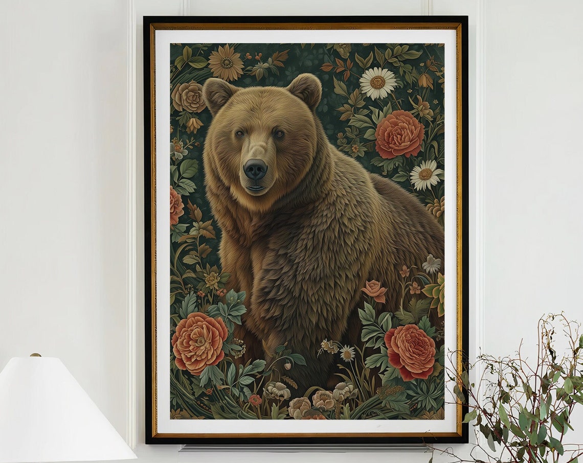 Brown Bear Dark Botanical Garden Roses Vintage Woodland Poster