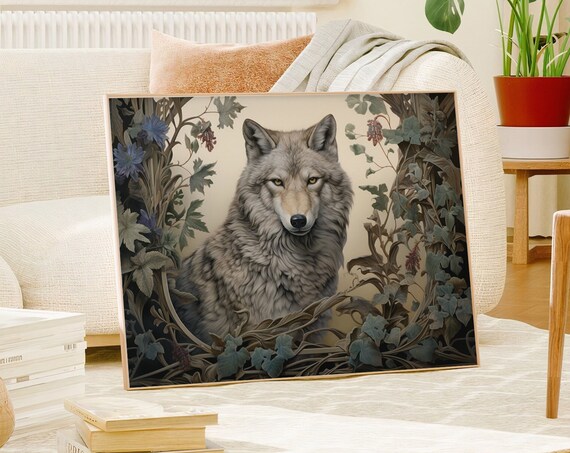 Gray Wolf Framed by Botanical Vines and Flowers Dark Wildlife Art Poster