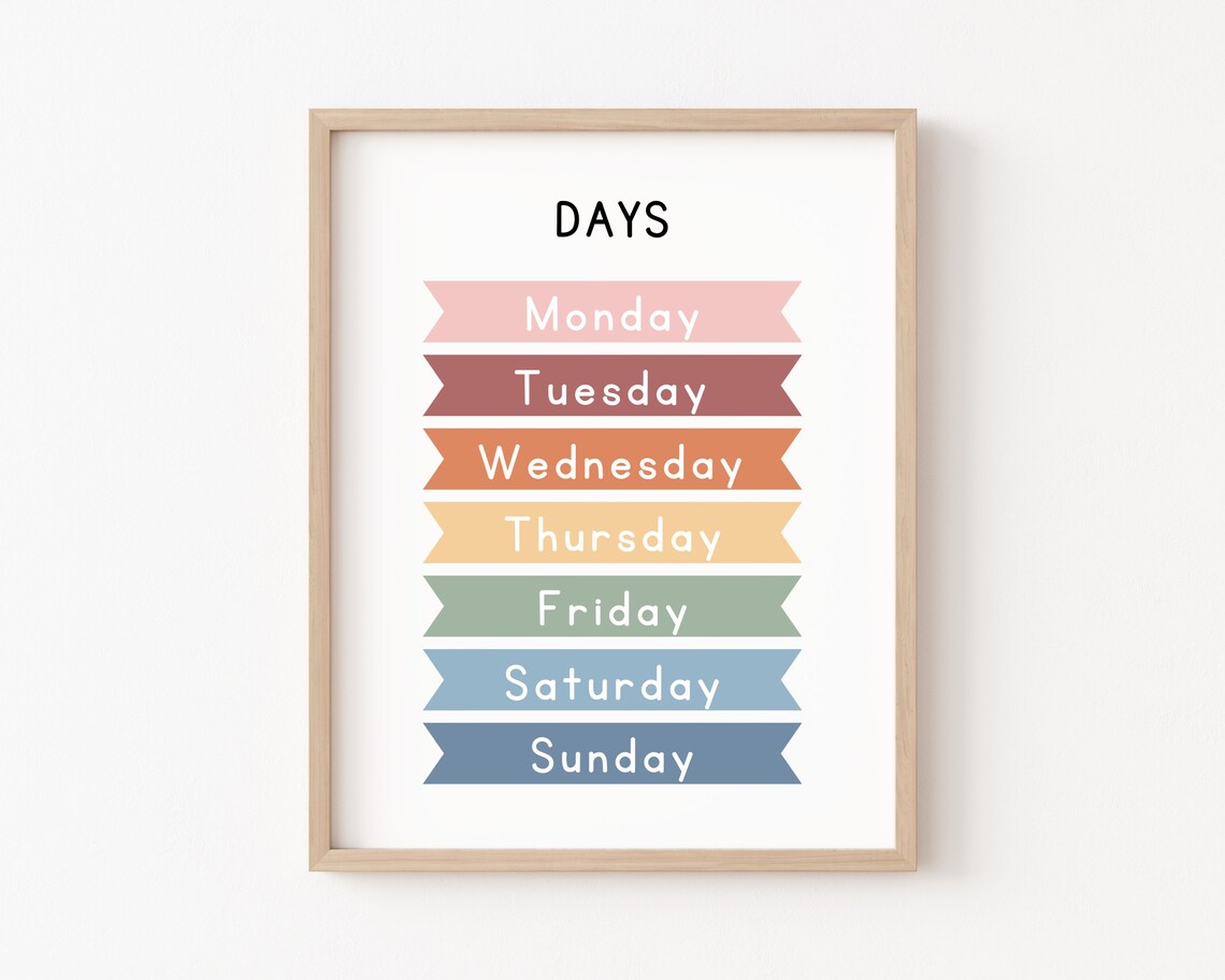 Days Of The Week Educational Poster, Boho Classroom Print