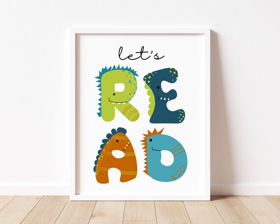 Lets Read Dinosaur Letters Green Playful Nursery Decor Poster