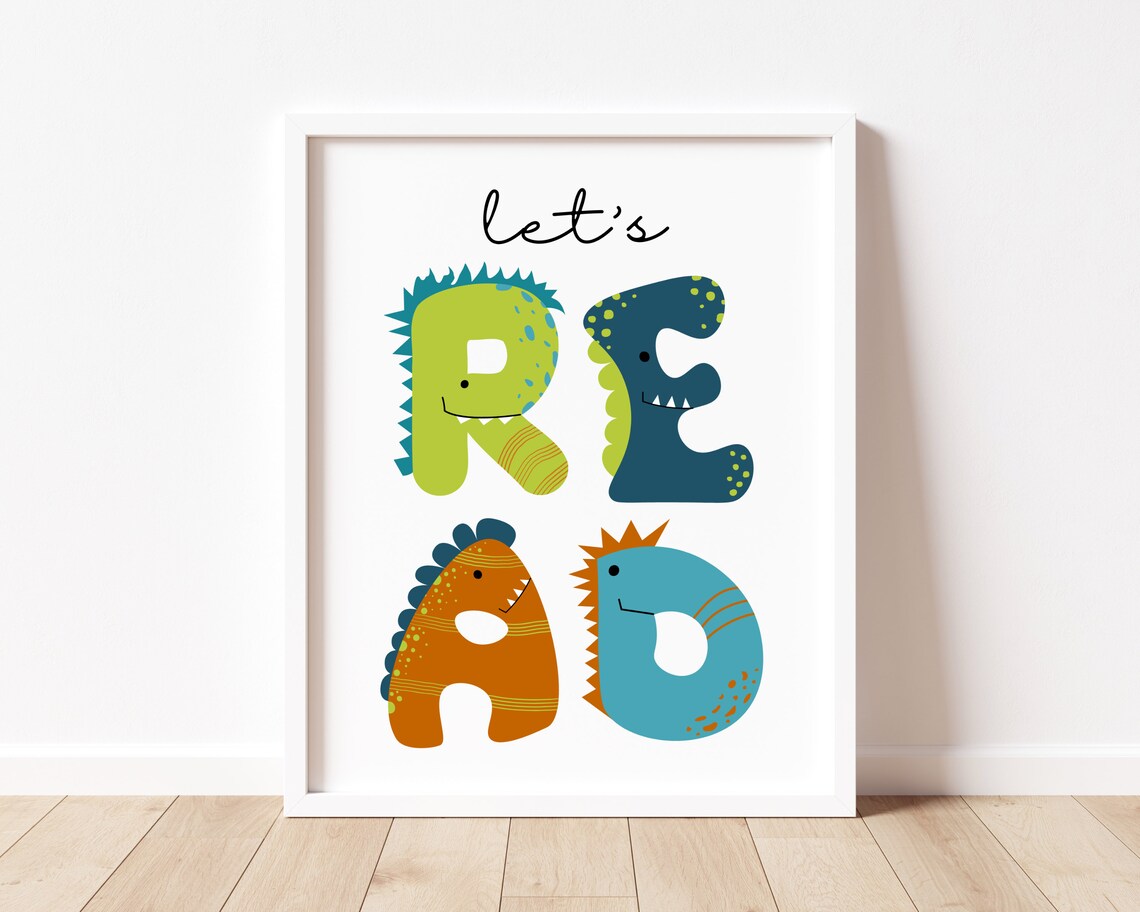 Lets Read Dinosaur Letters Green Playful Nursery Decor Poster