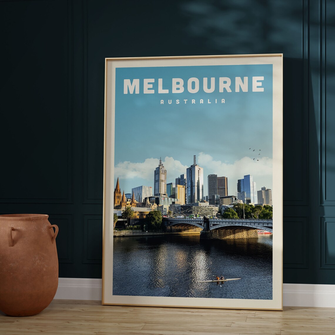 Melbourne Australia Skyline Travel Poster, Wall Art Print