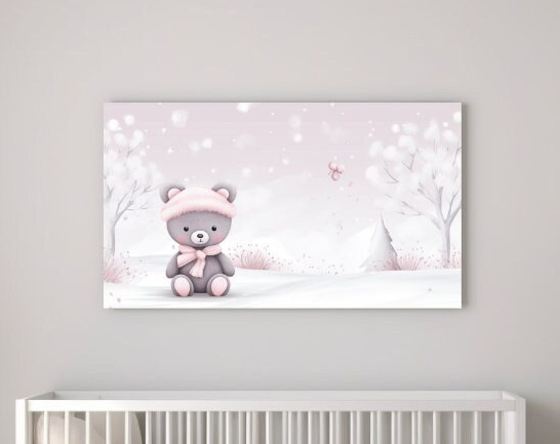Teddy Bear in Pink Winter Wonderland Snowy Cute Nursery Wall Poster