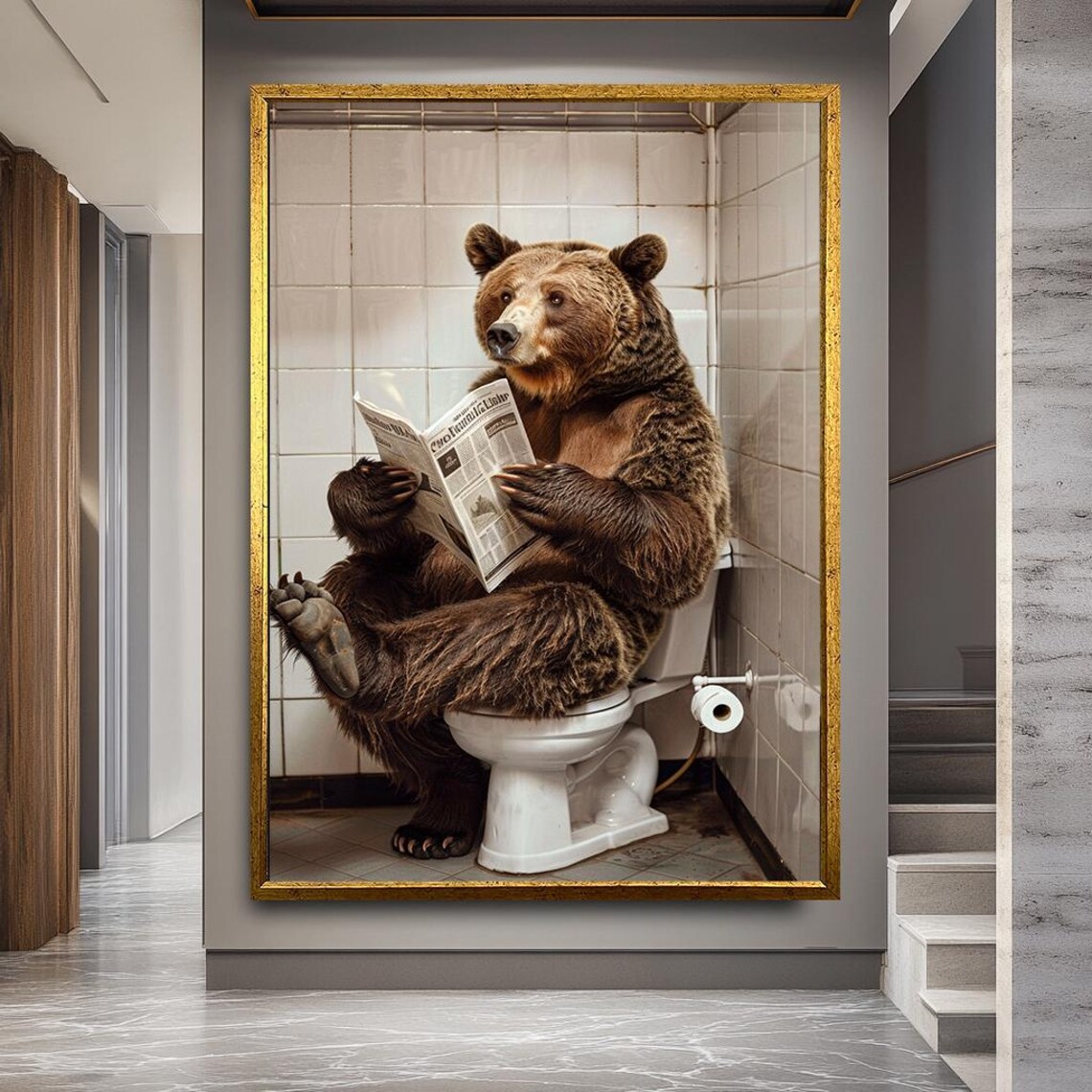 Funny Bear On Toilet Canvas Print Quirky Bathroom Wall Art