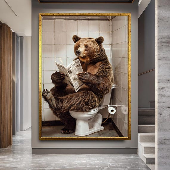 Funny Bear On Toilet Canvas Print Quirky Bathroom Wall Art