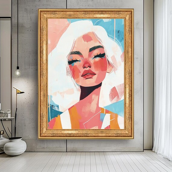 Colorful Female Portrait Canvas Modern Pop Art Illustration