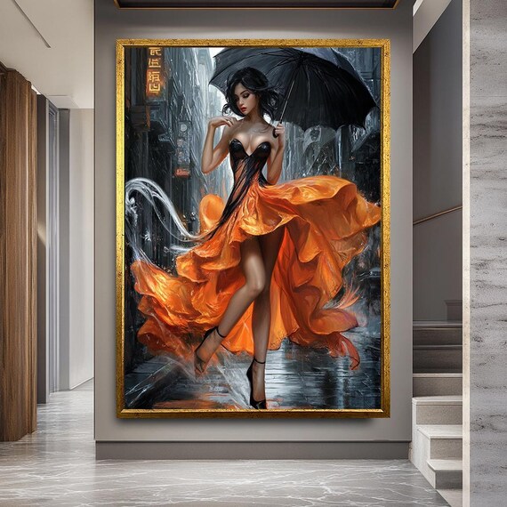 Woman In Orange Dress Canvas Print Dramatic Rainy Urban Scene