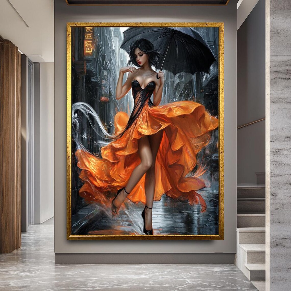 Woman In Orange Dress Canvas Print Dramatic Rainy Urban Scene
