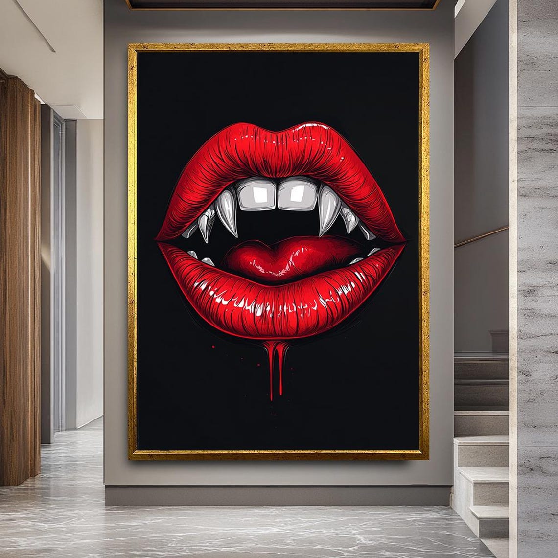 Red Vampire Lips Fangs Gothic Horror Halloween Canvas Art Poster