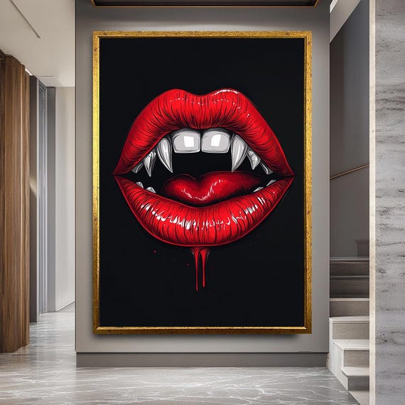 Vampire Lips Canvas Art Gothic Horror Fangs Halloween Decor