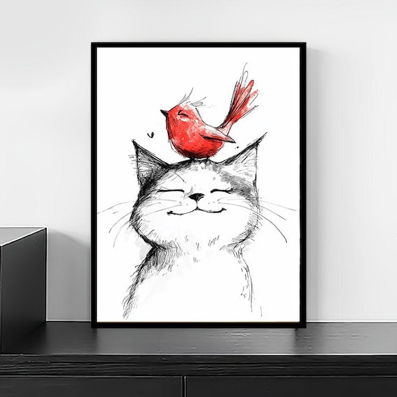 Cat And Bird Wall Art Whimsical Animal Illustration Print