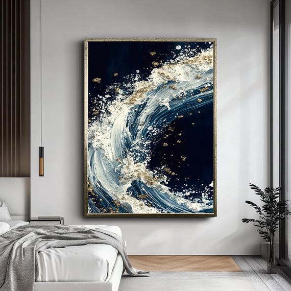 Abstract Ocean Wave Canvas Art Blue White Gold Fluid Print