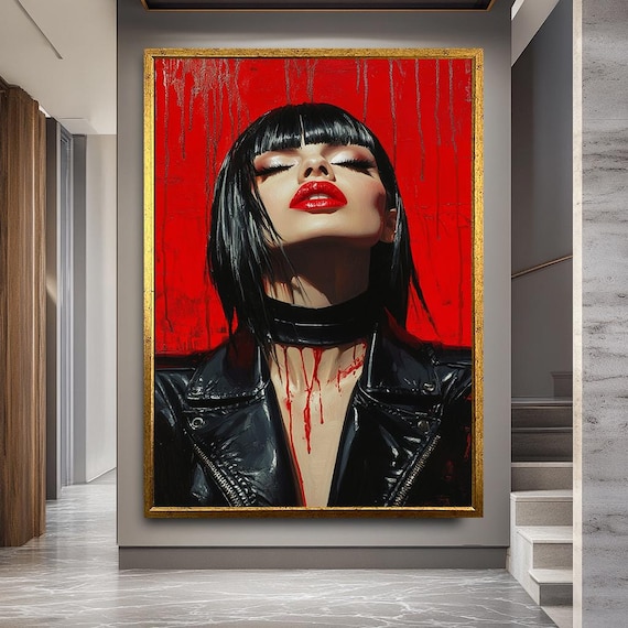 Gothic Woman Red Lips Black Leather Jacket Punk Portrait Red Poster
