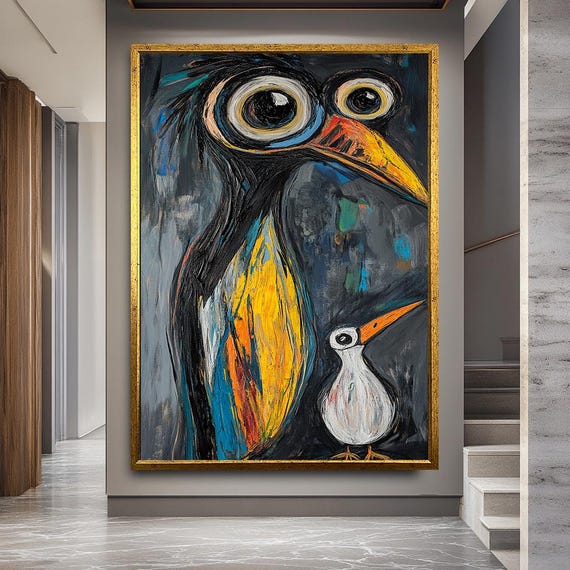 Whimsical Parent And Baby Bird Canvas Art Colorful Abstract Expressionist Painting