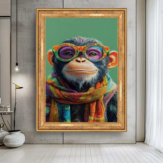 Funny Monkey, Playful Chimpanzee in Glasses and Scarf