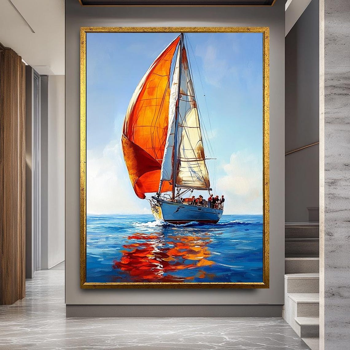 Sailboat Orange Sails Blue Ocean Racing Vibrant Coastal Art Poster